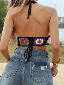 Womens Knit Cami Tops Sleeveless Tie Halter Neck Crochet Floral Camisole Tops Summer Shirts - 黑色 - 查看 2