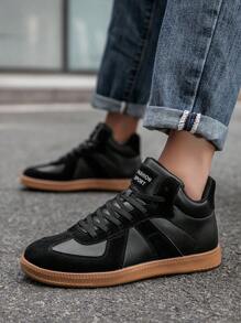 经典黑色皮革面板系带男士高帮户外靴，复古简约日常休闲情侣运动滑板鞋 - 黑色 - 查看 6