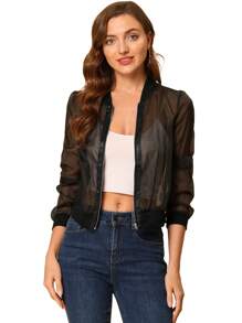 Chaqueta de mujer de malla transparente con cierre de cremallera, de manga larga, tipo bomber - Negro - Ver 1