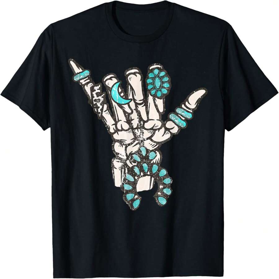 Western Turquoise Rings Skeleton Hands Cowgirl T-Shirt - 黑色 - 查看 1