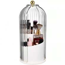360° Rotating Makeup Brush Holder Storage Box Desktop Cosmetic Organizer W/ Lid - White+Transparent - View 4