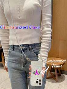 1 个定制 iPhone13/14/Pro Max、Galaxy S24U、A55 手机壳，带有名字、字母、心形彩虹色贝壳图案设计和时尚闪亮水晶串珠可拆卸挂链，适合周年纪念日、情人节、生日、婚礼、母亲节、最好的朋友、送给妈妈/爸爸、女朋友的礼物 - 彩色 - 查看 4