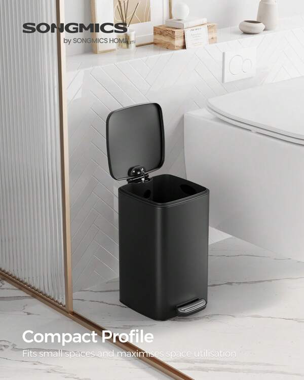 SONGMICS Bathroom Bin, 8L Small Bin, Pedal Toilet Bin For Small Spaces, Soft-Close Lid, Steel, Black
