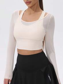 1 件女式网眼长袖短款瑜伽运动 T 恤，带胸垫