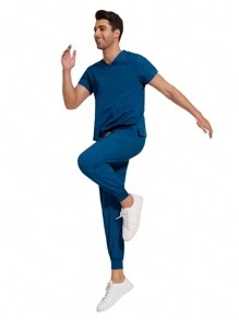 Conjunto de pijama médico para hombres con parte superior de manga corta multicolor + pantalón tipo jogger, uniforme de enfermería, veterinaria y trabajo