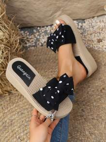 Sandalias de plataforma con suela gruesa y fondo de paja, con lazo de lunares, tacón de cuña para playa - Lazo de lunares - Ver 5