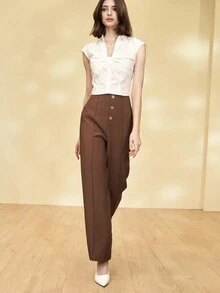 Women's Solid Color Elegant Metal Button Formal Office Tapered Trouser, Workwear Pocket French Style Pants