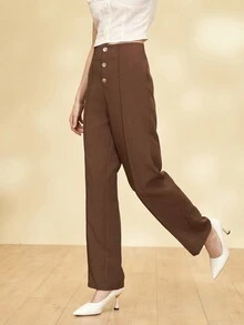 Women's Solid Color Elegant Metal Button Formal Office Tapered Trouser, Workwear Pocket French Style Pants
