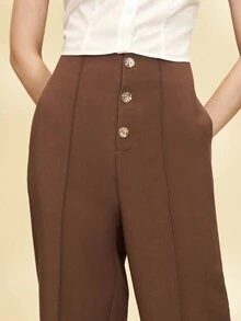 Women's Solid Color Elegant Metal Button Formal Office Tapered Trouser, Workwear Pocket French Style Pants