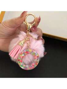 1 Pc,Alphabet Initial Letter Keychain Cute Plush Pom Pom Key Chain Ring Bag Backpack Charm Car Hanging Pendant Women Girls Gift,Cute Sequins Resin Key Chain,Wallet And Handbag Accessories, Keychain With Tassels,Alphabet Initial Letter A-Y - Pink - View 30