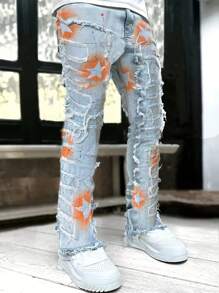 Jeans de mezclilla con estampado de estrellas y lunares de colores, estilo emo - Lavado ligero - Ver 3