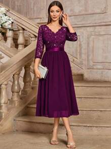 MIUSOL Elegant V-Neck Sequin Floral Lace Ruched Chiffon 3/4 Sleeve Evening Party Long Dress