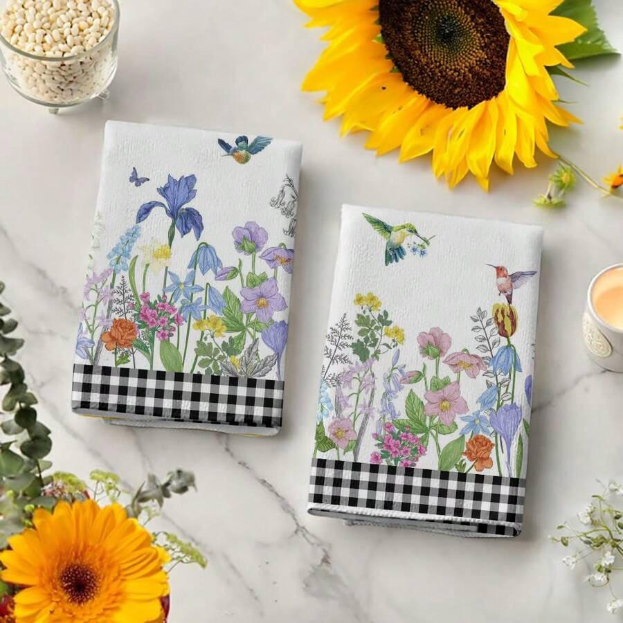 2 件装蜂鸟和花朵图案厨房毛巾，吸水性强，厨房装饰毛巾，邻居礼物，朋友乔迁礼物，母亲礼物，朋友生日礼物