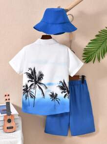 Vihyde 3pcs Set Tween Boy Tropical Coconut Tree Print Short Sleeve Shirt + Shorts + Bucket Hat - Royal Blue - View 3