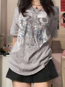 Women's Retro Street-Style Y2K Skull Print Gothic Short Sleeve T-Shirt, Aesthetic Harajuku Tee - Dusty Purple - View 2