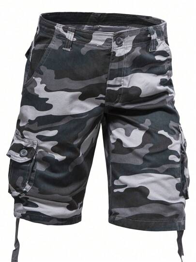 男士/男孩迷彩工装短裤，宽松直筒休闲短裤，带口袋，夏季街头风格