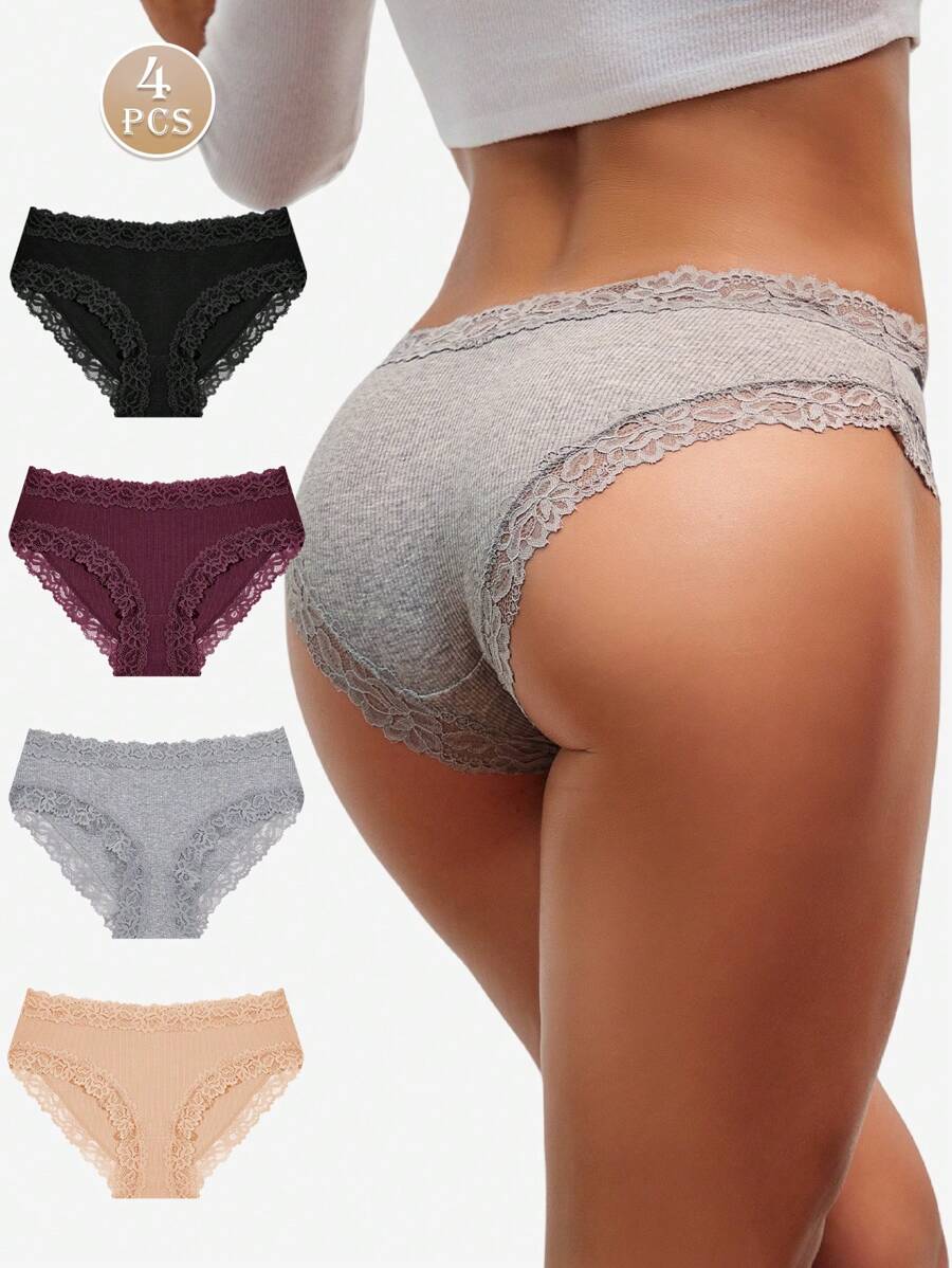 Bộ 4 quần lót ren vá liền mạch thoải mái tối giản cho nữ - Nhiều màu - Xem 1