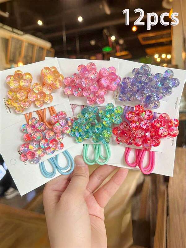 12pcs Candy Color Headband Qriginality High Stretch Ponytail Double-Head Glitter Burst Pearly Lustre Ball Hurtless Hair Accessories