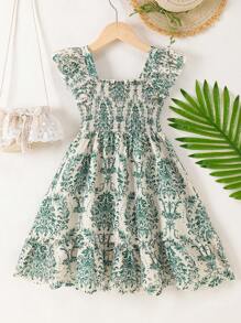 年轻女孩花卉印花荷叶袖褶皱连衣裙 - 綠色 - 查看 2