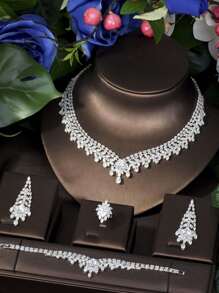 1 Set Luxury Cubic Zirconia & Floral Decor Jewelry Gift Set, Ideal For Women Anniversary