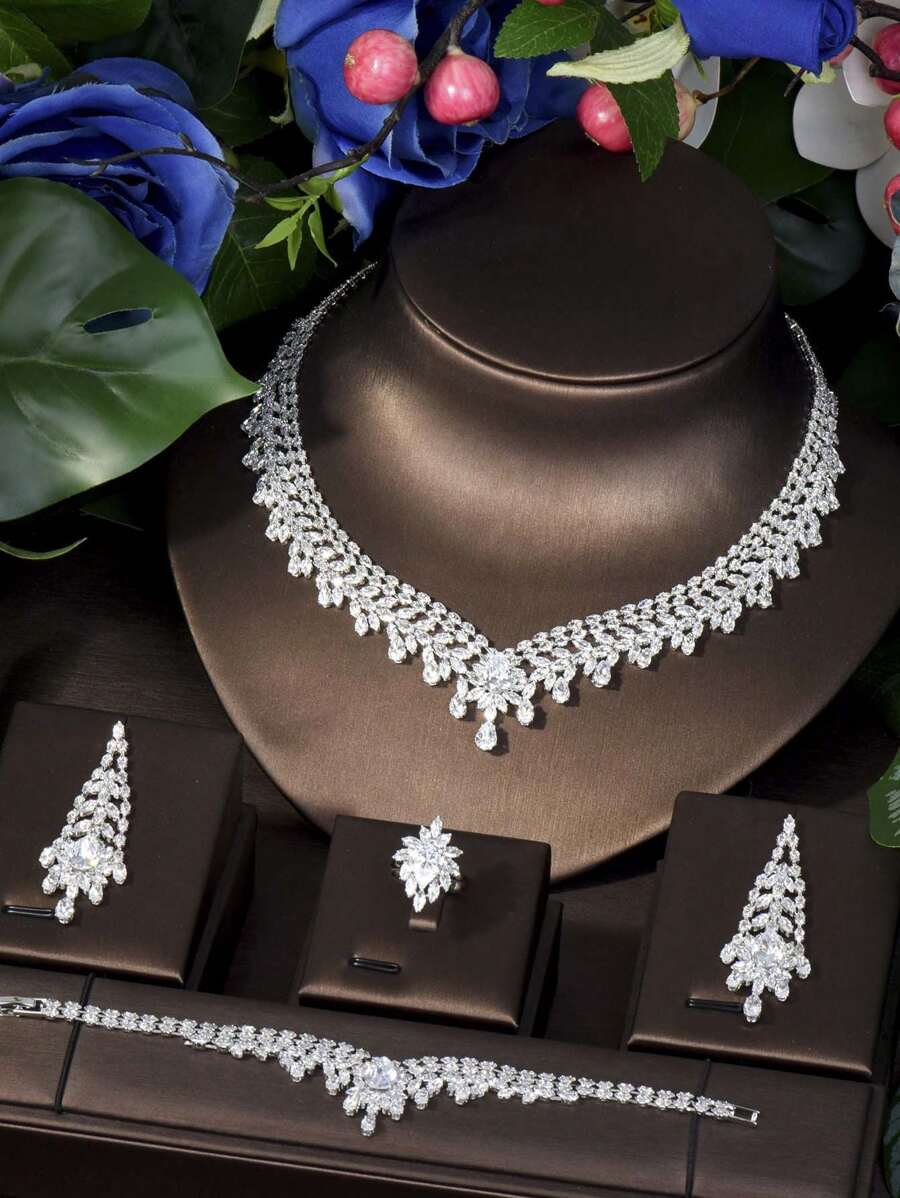 1 Set Luxury Cubic Zirconia & Floral Decor Jewelry Gift Set, Ideal For Women Anniversary