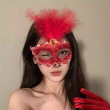 Black Floral Half Face, Masquerade Ball Eye, Fancy Dress Up Prop Prom Gala New Year Party Cosplay Night - 紅色花紋居中羽毛 - 查看 2