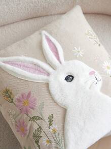 1pc Flower & Rabbit Embroidered Pillow Case, Suitable For Indoor Decoration, Applicable For All Seasons, Pillow Cover Only (No Pillow Insert) - Khaki - View 3