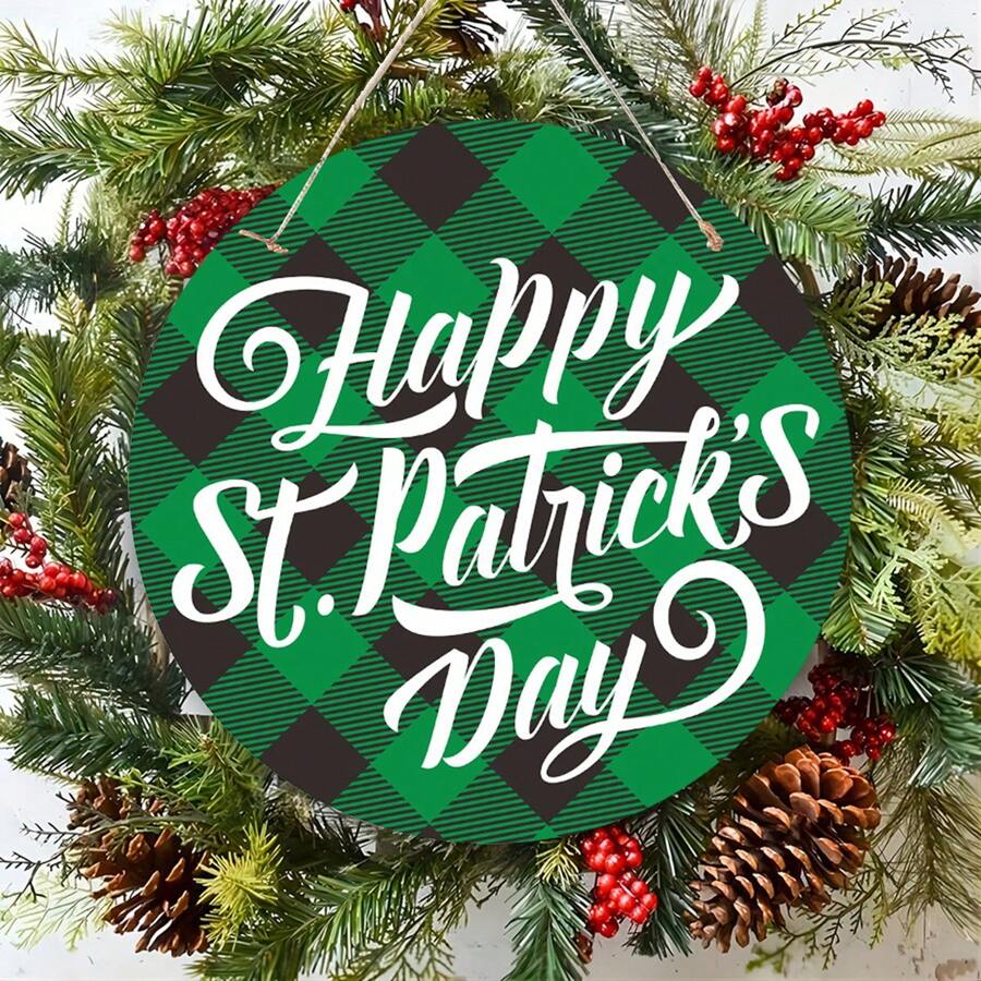 1pc Happy St. Patrick's Day Decoration, Green Shamrock Buffalo Plaid Paper Door Hanger Sign & Clover Paper Round Plaque, Suitable For Irish Holiday Window, Home, Wall, Indoor/Outdoor, Farmhouse, Party Decor