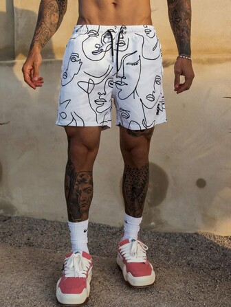 Men's Summer Beach Shorts, Drawstring Waist Casual Graffiti Print Quick-Dry Sports Shorts For Daily Wear & Vacation