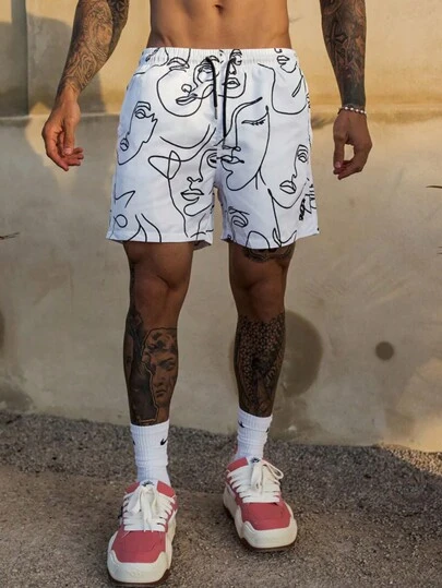 男士夏季沙滩短裤，抽绳腰休闲涂鸦印花速干运动短裤，适合日常穿着和度假