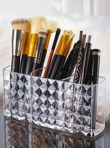 1/2pcs Diamond Pattern Acrylic Makeup Organizer - 3 Compartment Clear Makeup Brush Holder And Pen Cup, Suitable For Brushes, Lipsticks, And Pencils - Perfect For Bathroom, Bedroom Vanity, And Office Desk Home Bathroom Decor Bathroom Organizer Summer Makeup Organizer