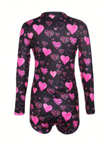 Womens Long Sleeve Valentine Day Jumpsuit Bodycon V Neck Heart Lip Print Button Down Short Romper Indoor Sleepwear