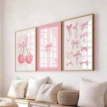 3 pièces Tableau mural aquarelle nœud rose image féminine imprimés sur canevas peintures style preppy décoration pour chambre, salon ou bureau appartement étudiant sans cadre