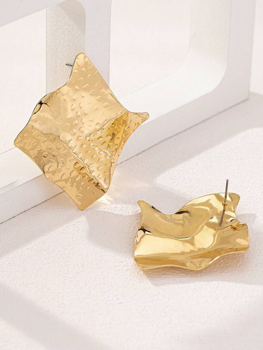 1 对几何别致铁板耳环，简约时尚休闲日常佩戴 - 幾何金色方形耳環 - 查看 1