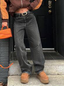 Women Distressed Low Waist Straight Leg Jeans