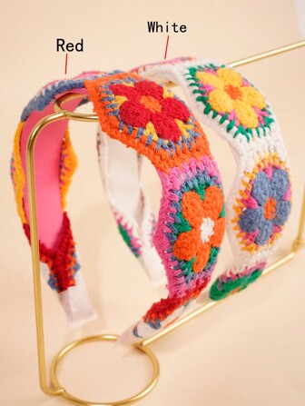 1pc Bohemian Style Knitted Headband With Floral Decor, Sweet Hairband For Girls, Non-Slip Wide Hair Hoop, Suitable For Outfits, Gifts, Washing Face