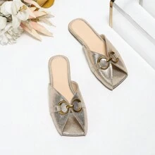 Hot-Selling Solid Color Metal Buckle Peep-Toe Slippers For Women To Wear Outside In Summer Flat Bottom Soft Sole French Style Simple Internet Celebrity Style - Gold - View 4
