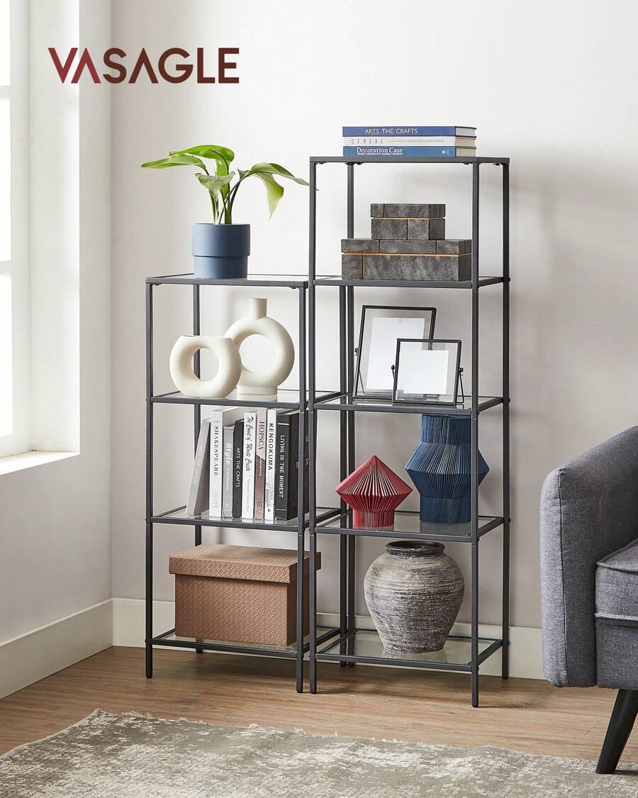VASAGLE 5-Tier Glass Shelf, Bookshelf, Storage Rack, Tempered Glass, Easy Assembly, For Bathroom, Living Room, Bedroom, Office, Black - Black - View 1