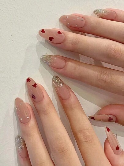 30Pcs Red Heart Ombre Glitter & Rhinestone Long Nail Tips With 1Pc Buff Block And 1Pc Jelly Gel Press On Nails Nail Supplies Nails