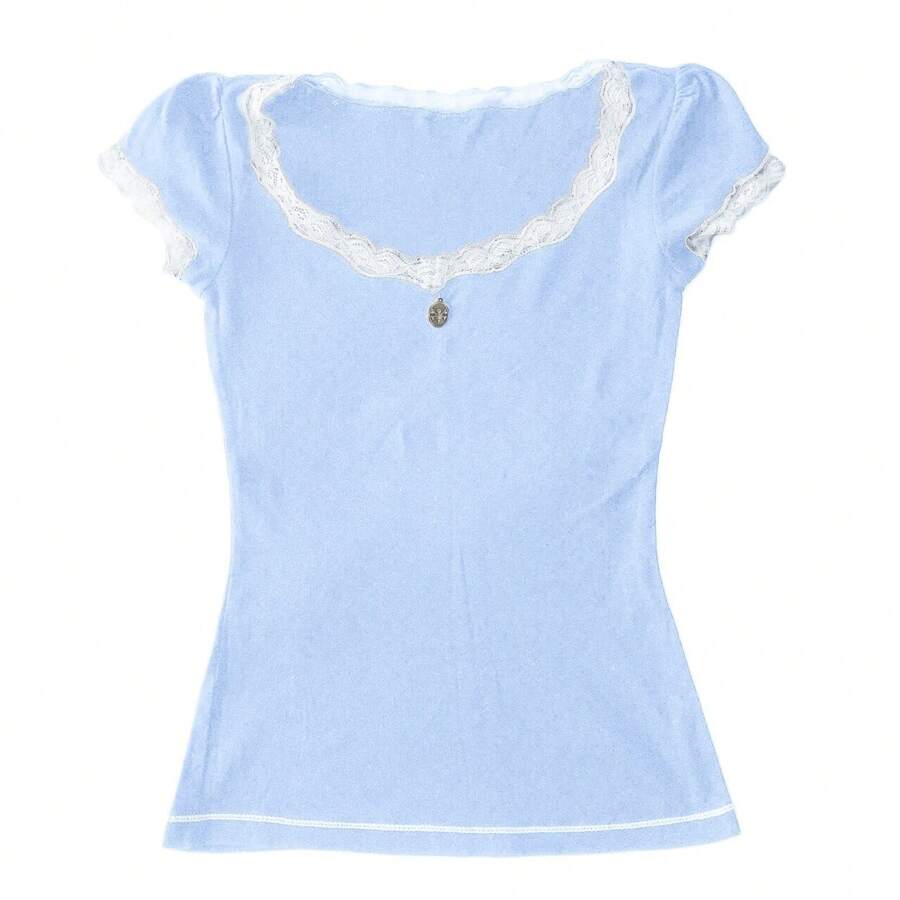 Women Y2K Lace Trim Pointelle Crop Tops Scoop Neck Short Sleeve T Shirts Baby Tee Aesthetic Clothes Going Out - Màu xanh lam - Xem 1
