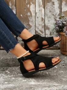 大码女式舒适黑色刺绣罗马凉鞋，户外平底一脚蹬夏季鞋 - 黑色 - 查看 5