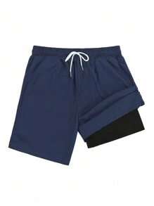 Men's Fashion Sports Solid Color 3D Print Drawstring Shorts, Summer Loose Beach Shorts With Compression Liner & Pockets, Plus Size