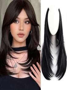 女士假发四夹一体式分层接发（18-28 英寸）合成发 V 形长直夹入式接发日常派对装饰，深棕色