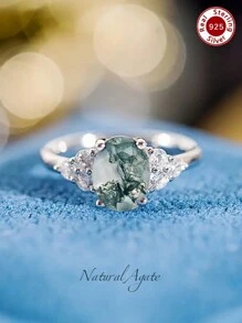 S925 Silver Adjustable Ring With Thick Cut Natural Agate & Moss Agate, Natural Stones For Emotional Balance, Self-Confidence And Good Fortune, Great Gift For Anniversaries, Birthdays (Ladies & Girls) Valentine's Day - Silver - View 11