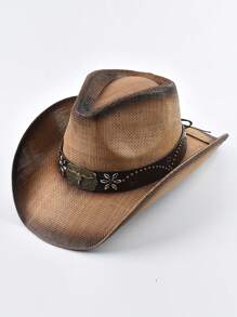Tropiscape Boho 1pc Women's Western Style Straw Hat Summer Panama Beach Sun Hat Vintage Cowgirl Jazz Cap Cowboy Hat Vacay Vibes Vacation Relax Beach Autumn Winter Gifts Cottagecore,SummerOutfit - Multicolor - View 4
