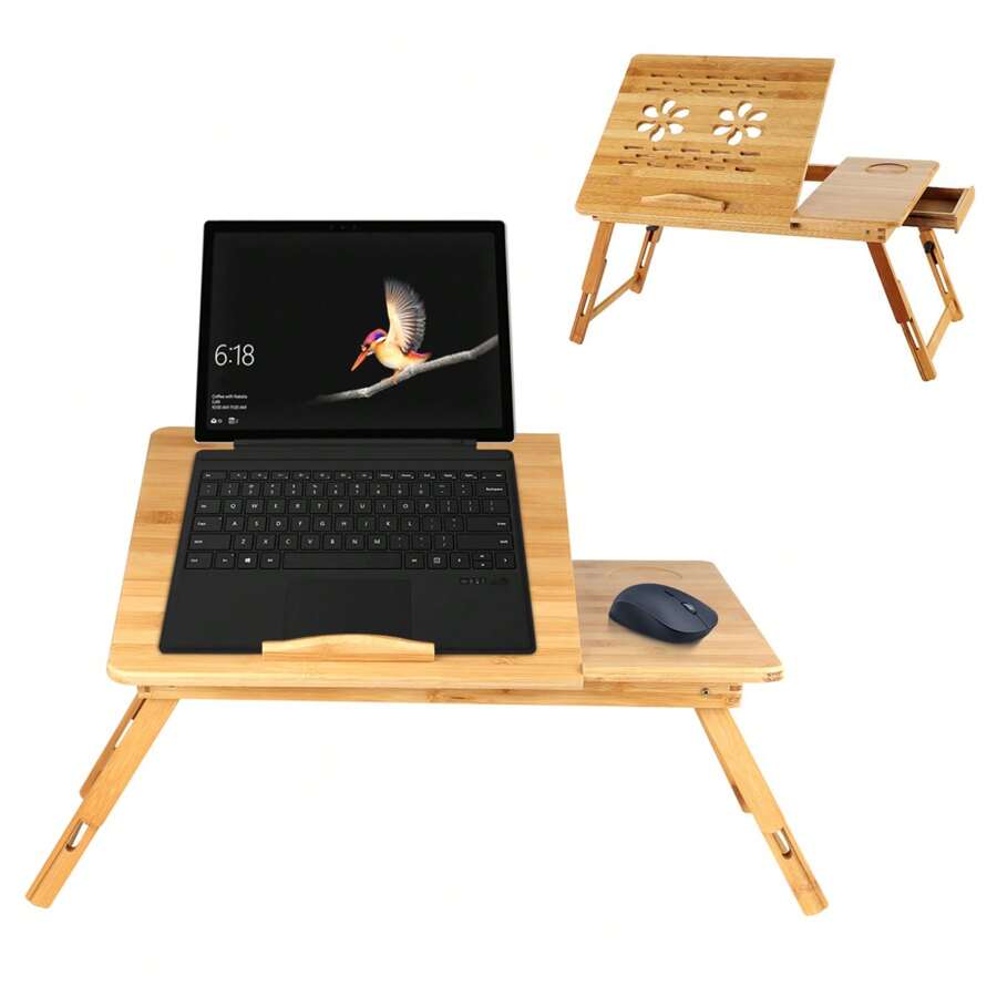 Height Adjustable Bamboo Laptop Table With Drawer, Foldable Notebook Table, Bamboo Bedside Table For Reading Or Breakfast, Drawing Table And Dining Table For Bed, 66 X (20-30) X 35 Cm - 原木色 DE - 查看 1