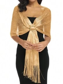 1 pièce Foulard de tête islamique enveloppant, hijab à la mode, châle de protection solaire brillant or/argent. Écharpes brillantes avec dentelle et franges pour femmes, pour robe de soirée, Fête des Valentins