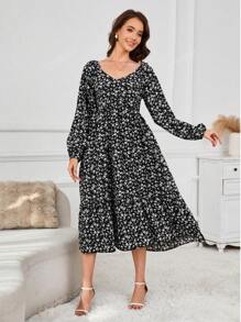 Vestido de chiffon de manga comprida com babados florais para maternidade primavera feminina