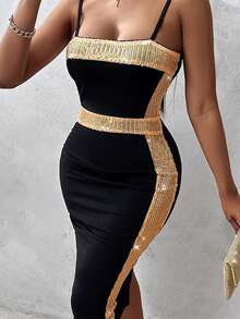 Đầm midi ôm sát gợi cảm màu đen phối sequin tương phản, dây mảnh, dành cho nữ, kiểu dáng thanh lịch, xẻ tà sau, thích hợp cho tiệc tùng hoặc du lịch. - màu đen - Xem 6