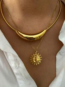 Monlansher 1pc Women's Stainless Steel Pendant Necklace, Fashion Metal Sun Flower & Smiling Face Hollow Curved Tube Pendant Design On Snake Chain, Stylish Layered Necklace